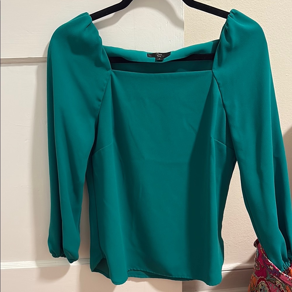 J. Crew Green Puff Sleeve Fitted Blouse